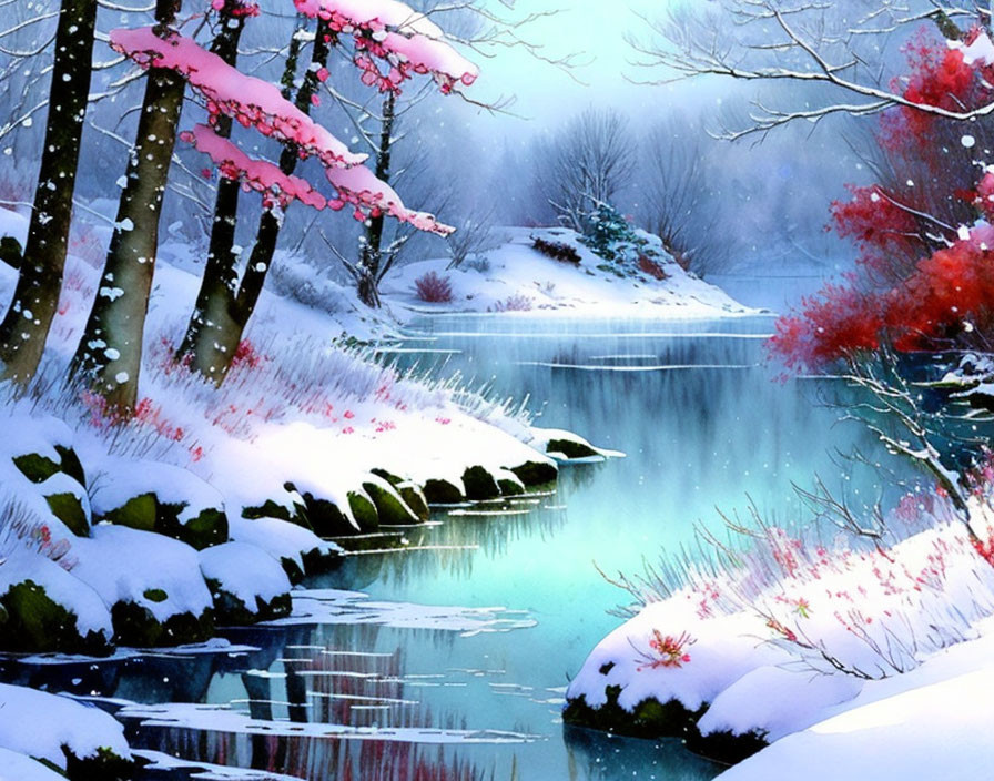 Winter landscape with snowy riverbanks and colorful foliage under soft light