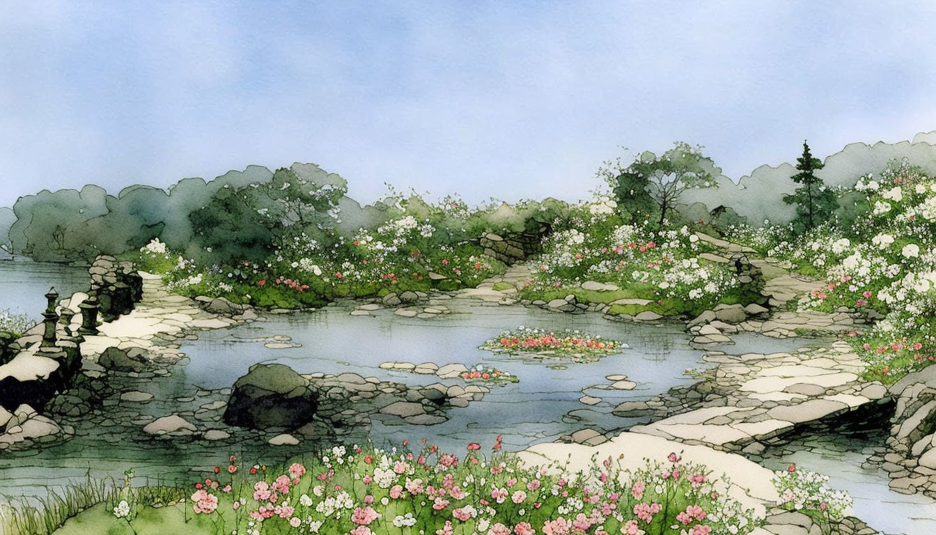 Tranquil Watercolor Painting of Peaceful River