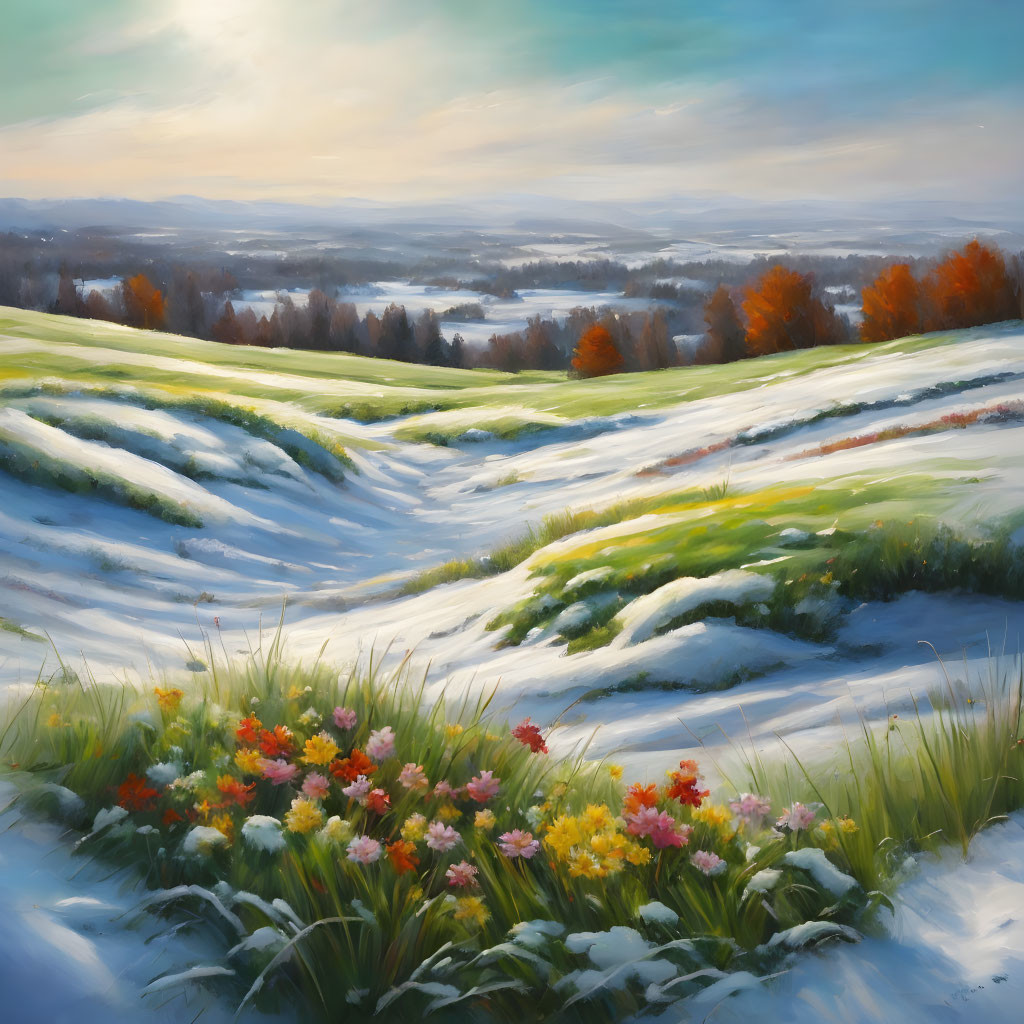 Snow-covered hills and colorful flowers in serene winter landscape