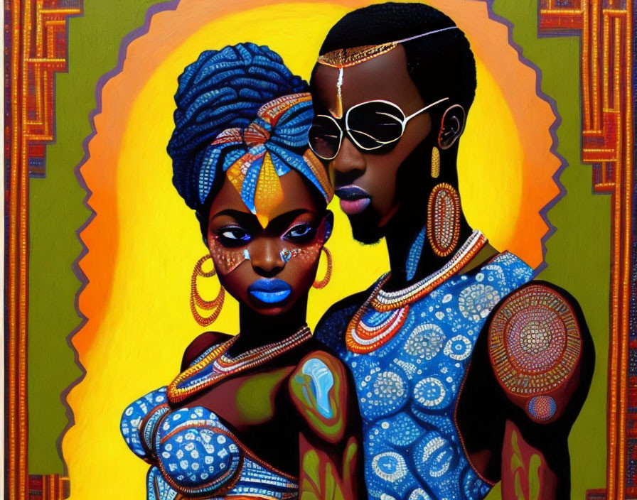 Stylized African couple in traditional attire with vibrant colors and intricate patterns