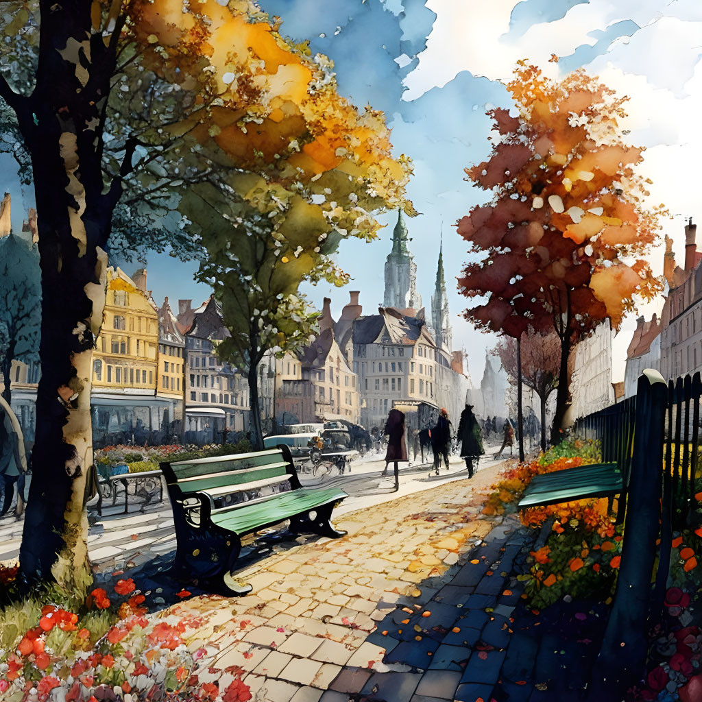 Colorful Autumn Scene: Trees, Bench, Flowers, Cobbled Path, Historic Buildings