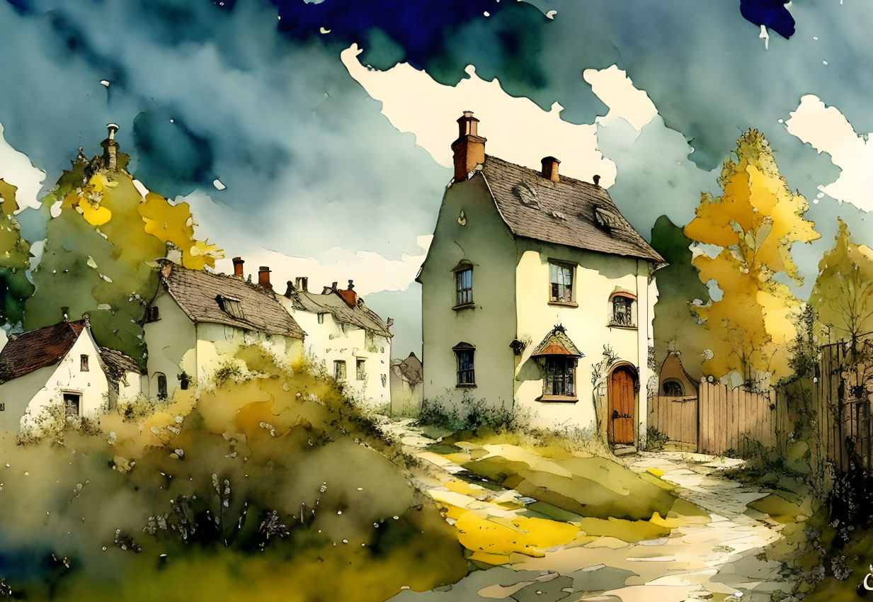 Traditional houses on quaint village street surrounded by autumn trees in watercolor style