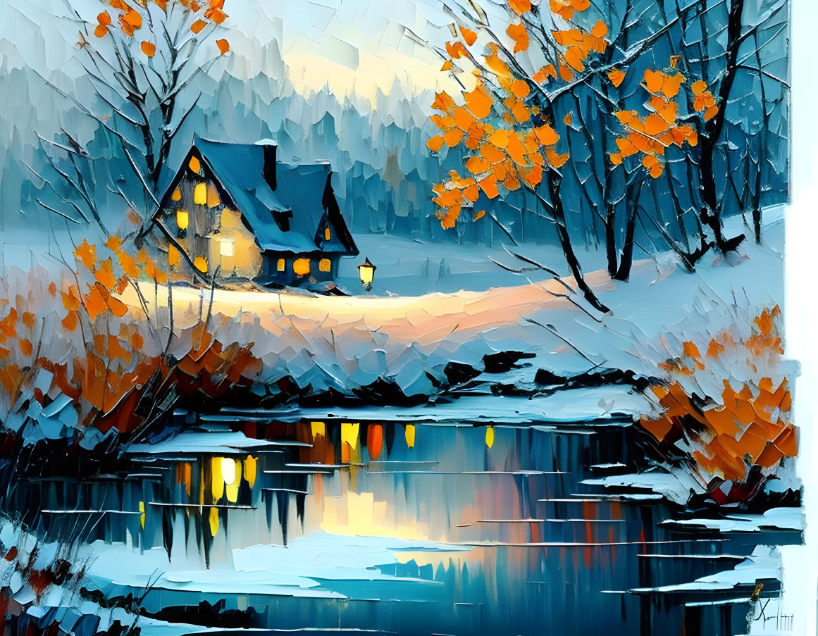 Winter scene: Cozy house by serene lake with snowy trees.