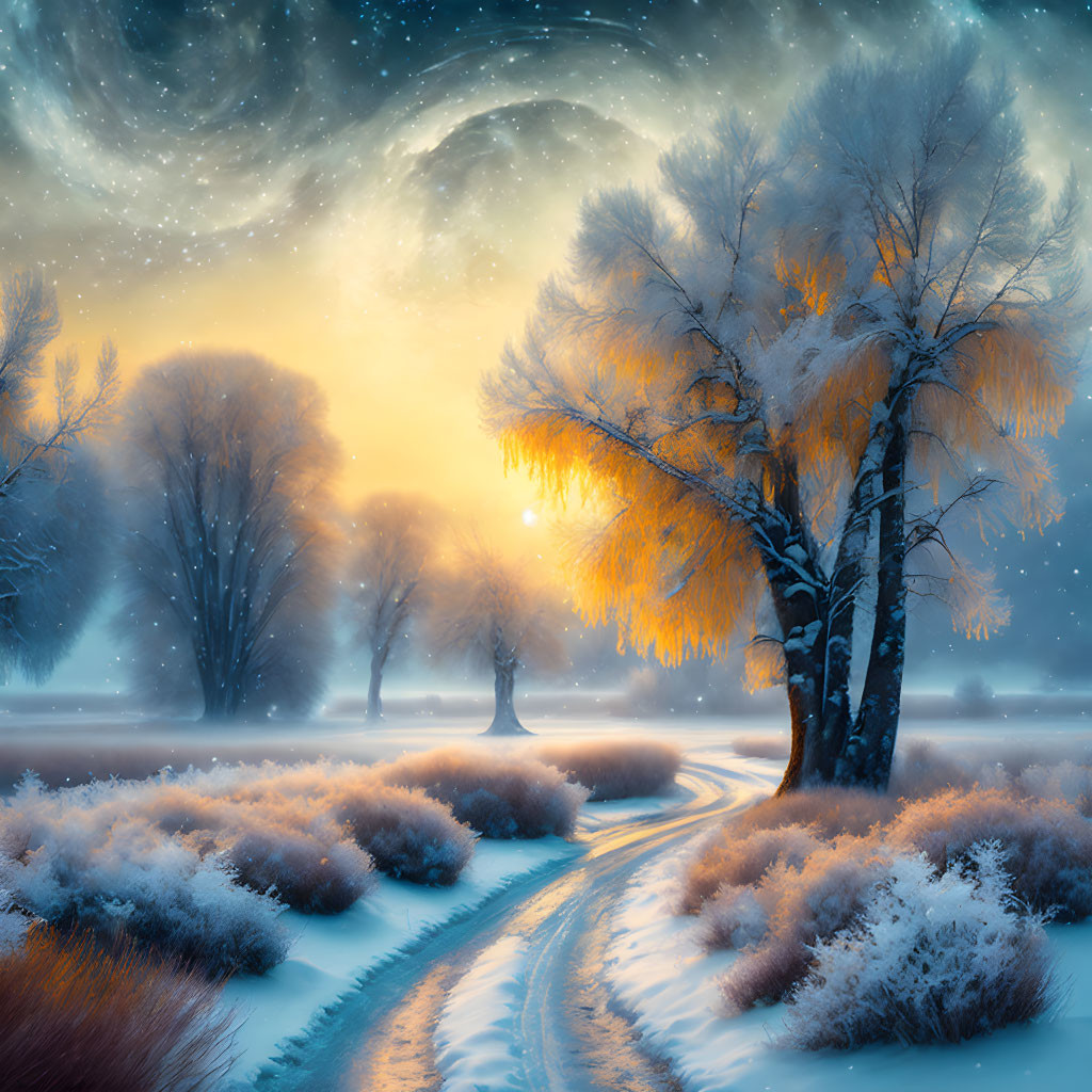 Snow-covered trees, winding path, frosty shrubs in winter scene