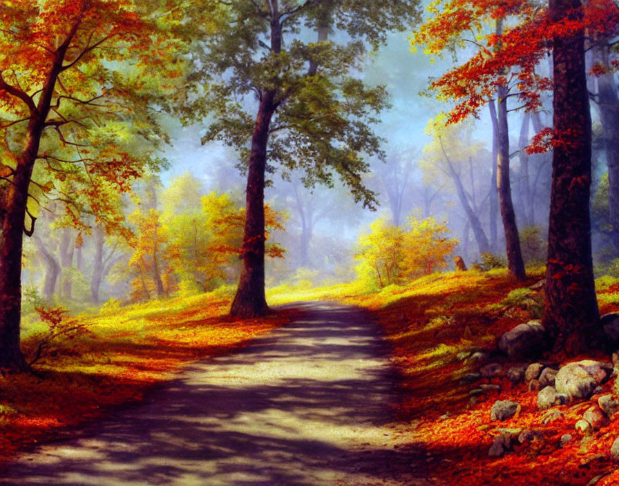 Tranquil autumn forest pathway with mist and sunlight.