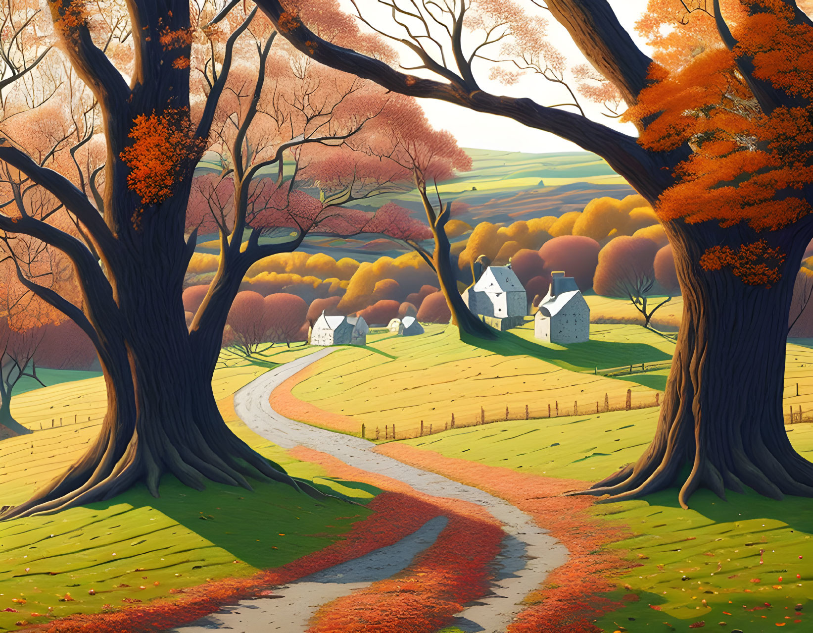 Scenic autumn landscape with winding path and colorful trees