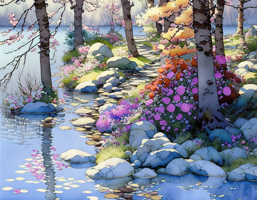 Serene riverside watercolor with blossoming flowers