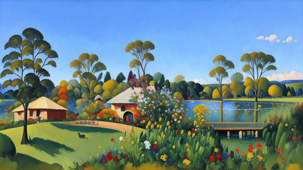 Vibrant countryside landscape with stylized trees, flowers, house, lake