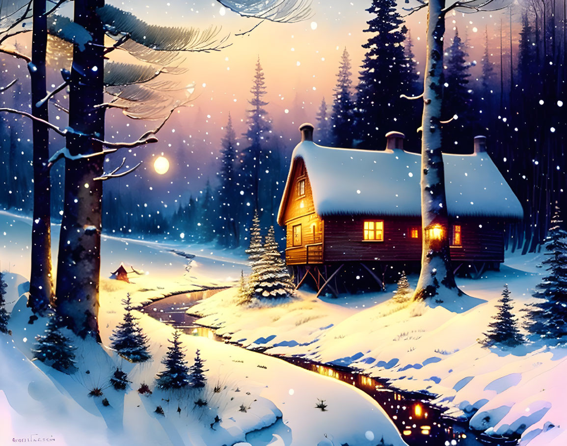 Snowy forest landscape: Cozy wooden cabin under twilight sky