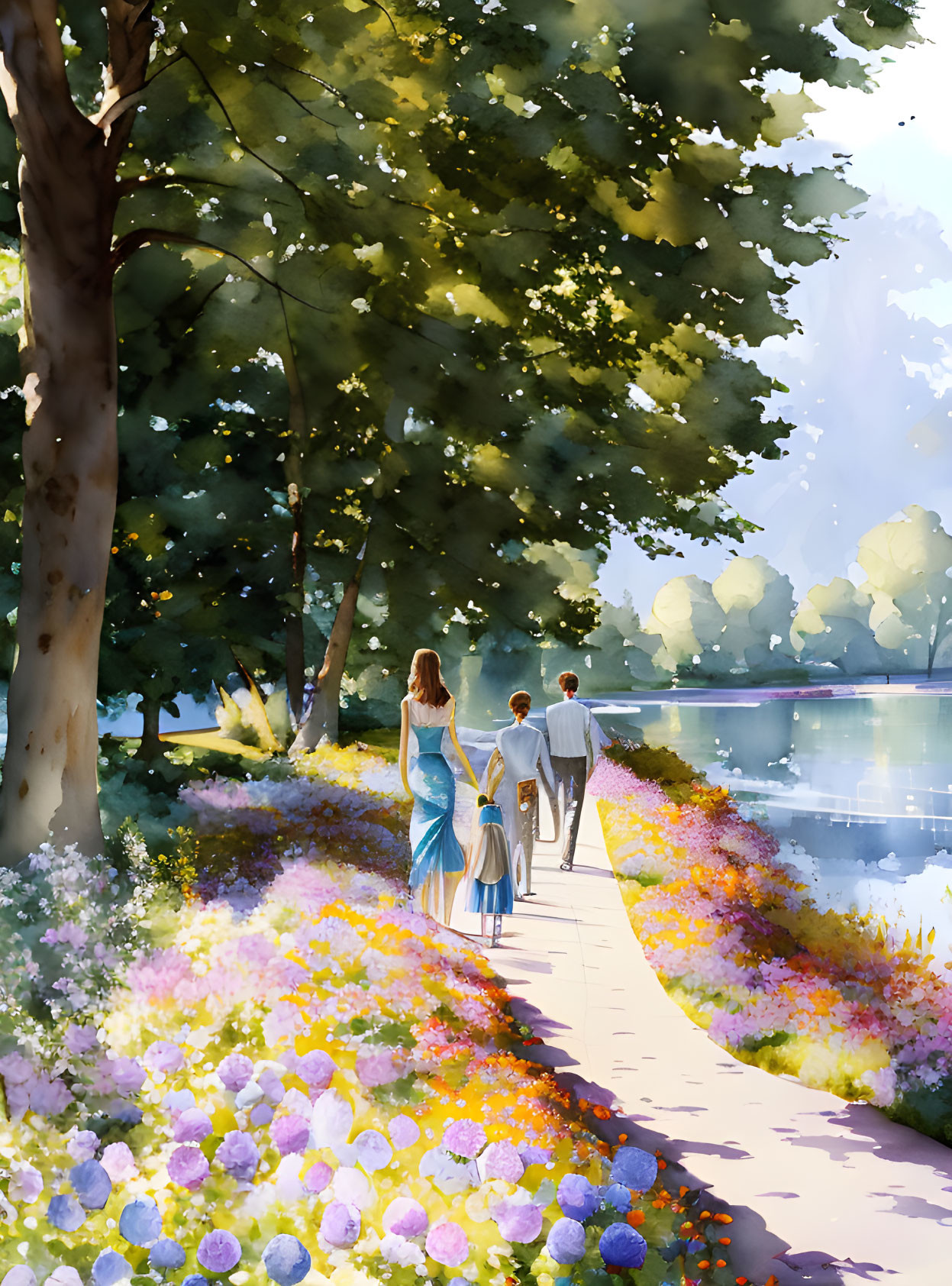 Tranquil park scene: woman and children by lake on sunny day