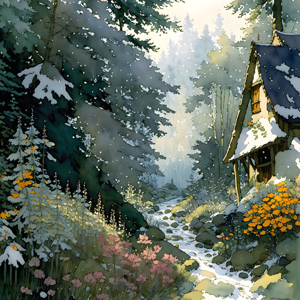 Snowy Forest Cottage with Stream and Wildflowers