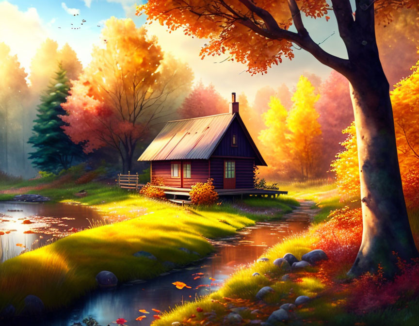 Tranquil pond with cozy cabin and autumn foliage