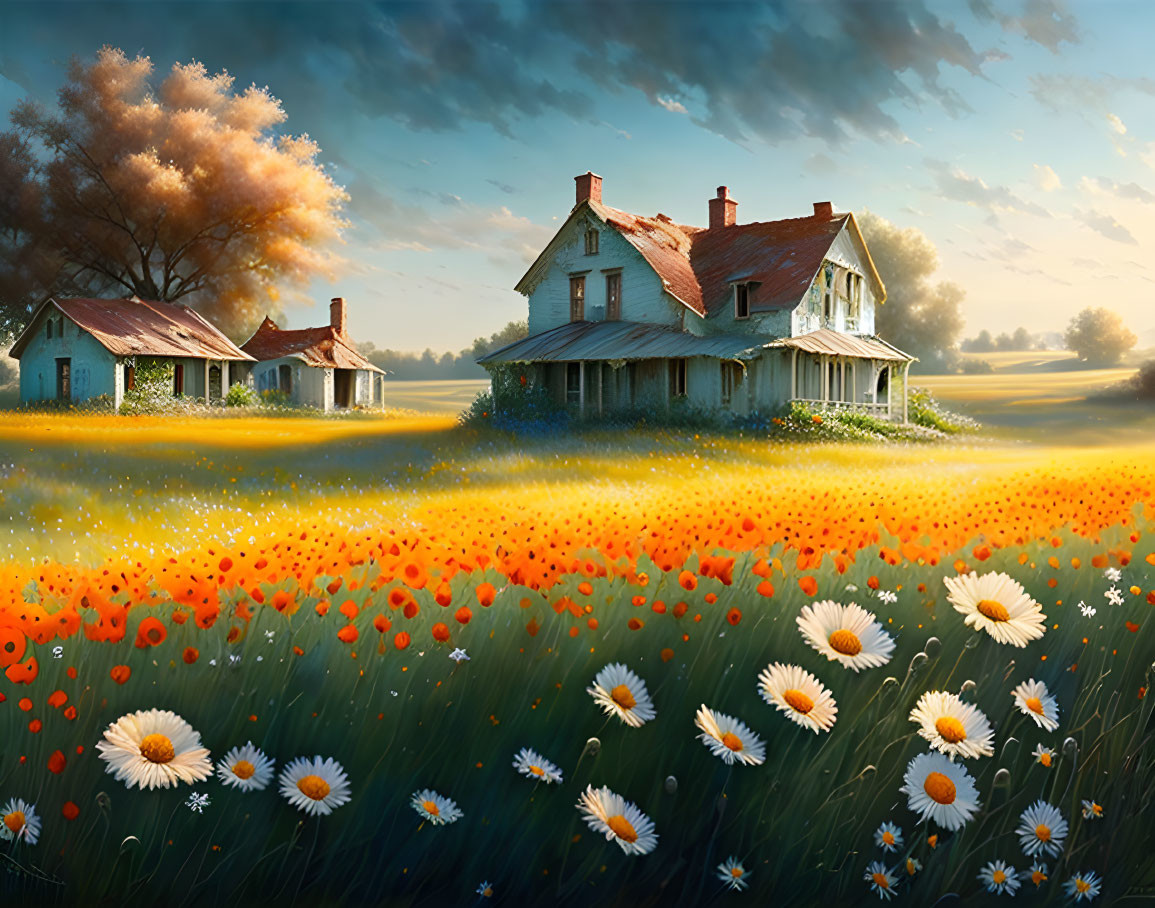 Tranquil landscape with country houses in vibrant flower field