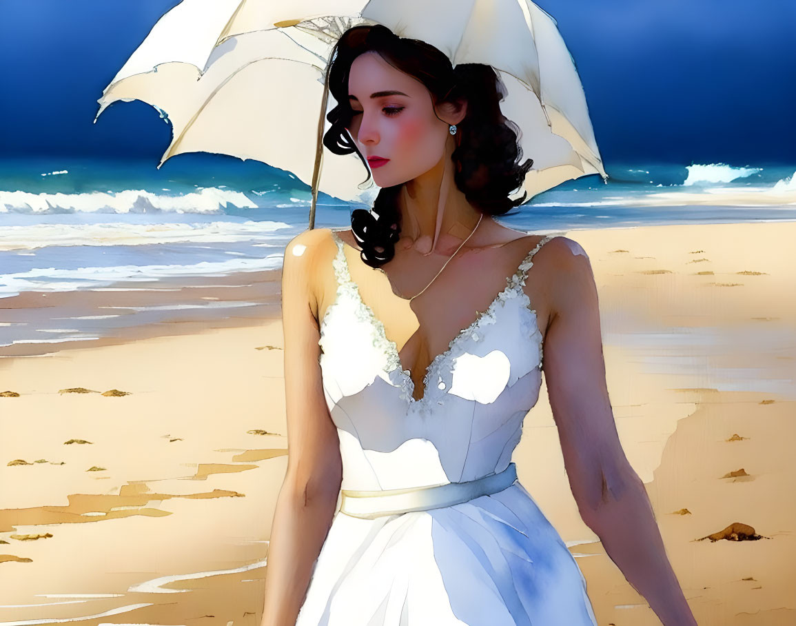 Woman in white dress with umbrella on sunny beach.