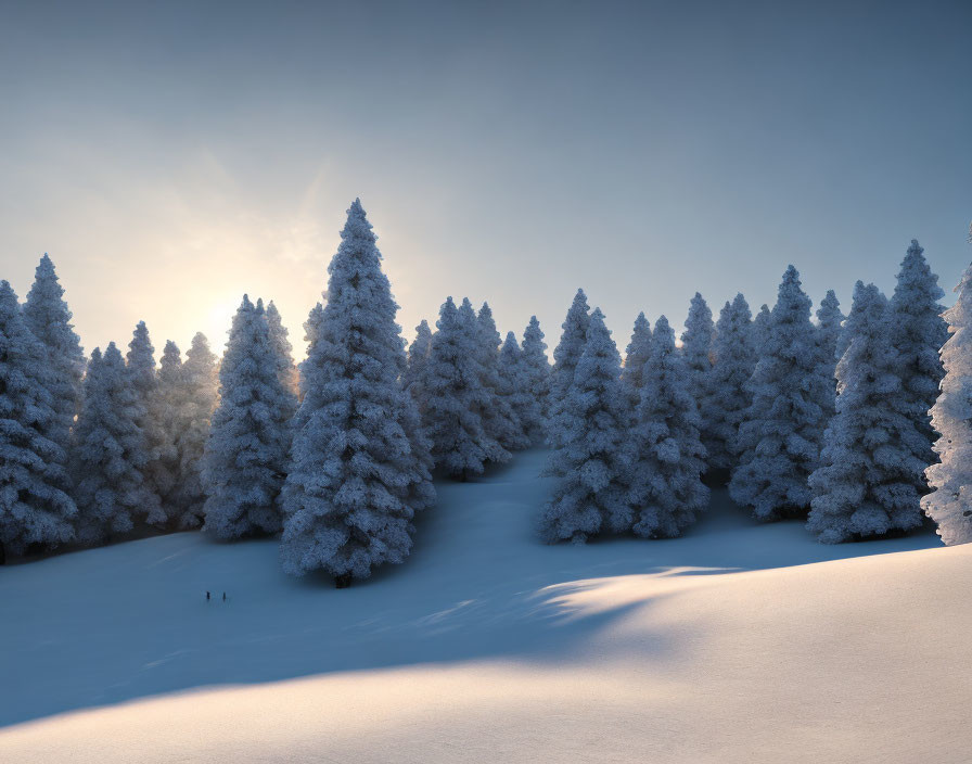 Tranquil snow-covered forest with tall fir trees under a warm sun glow