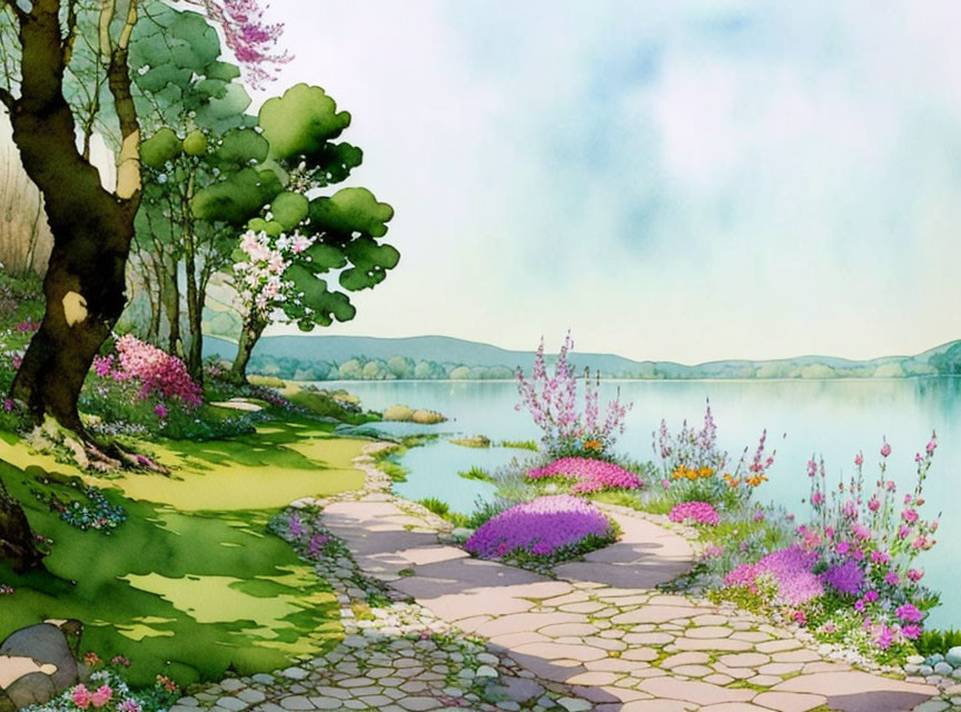 Tranquil watercolor illustration of blossoming pathway by calm lake