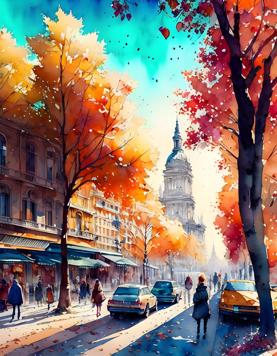 Colorful watercolor painting of fall street scene with pedestrians and cars under blue sky