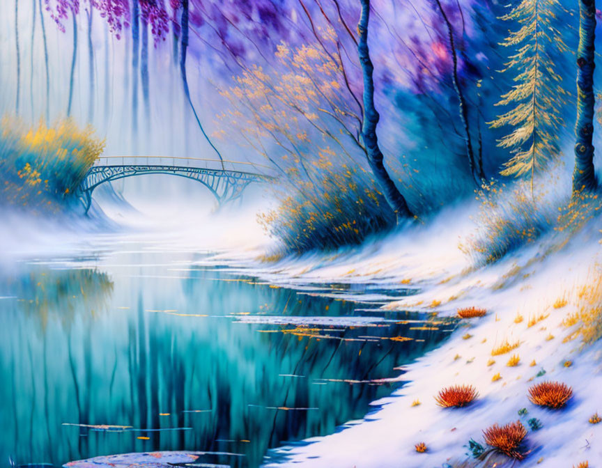 Winter landscape: frost-covered bridge, tranquil river, snow-dusted trees.