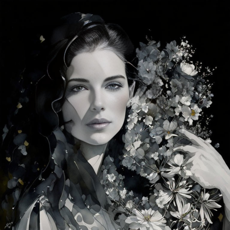 Monochromatic portrait of woman with floral elements and blue eyes