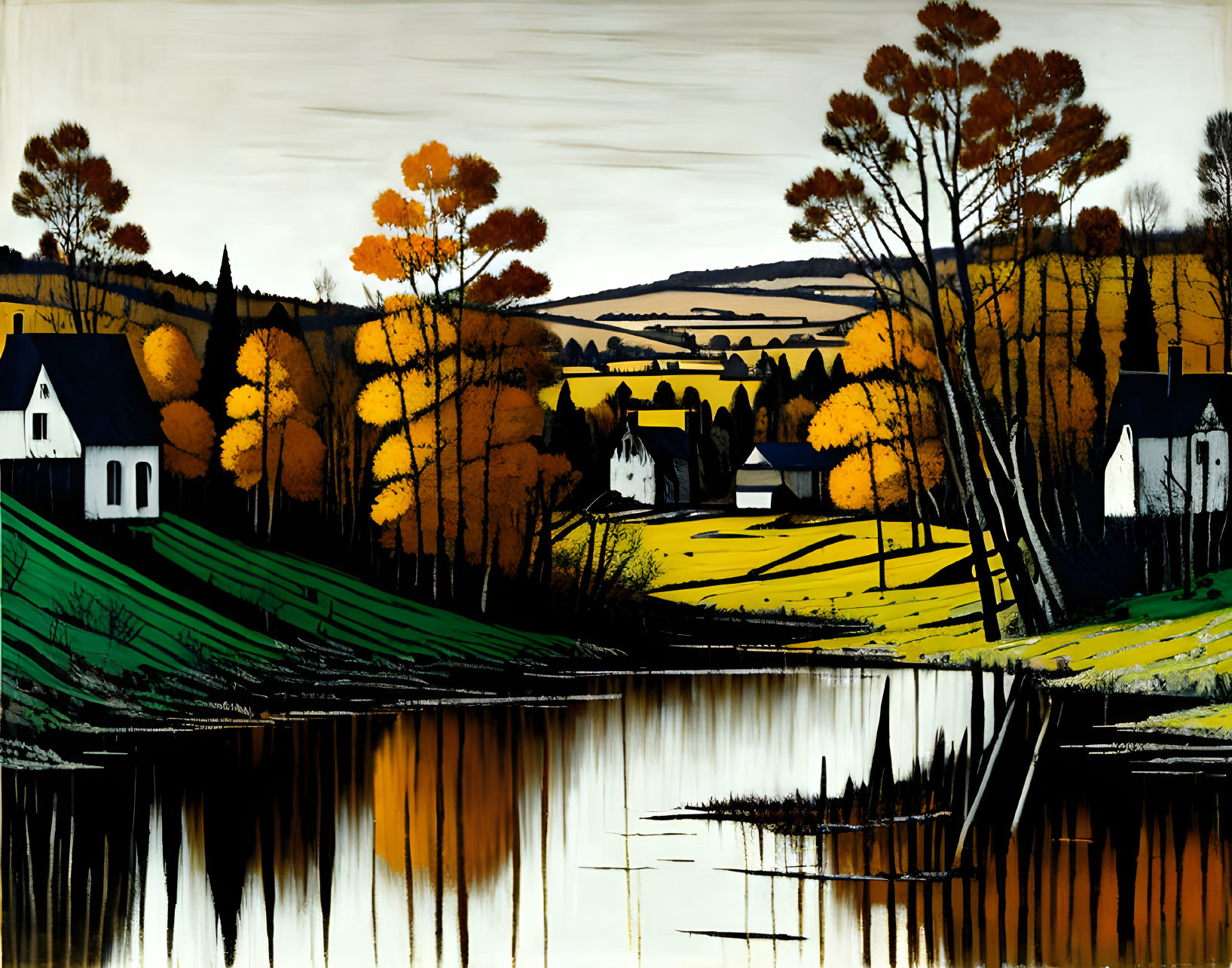 Rural landscape with stylized houses, river, autumn trees, and rolling hills