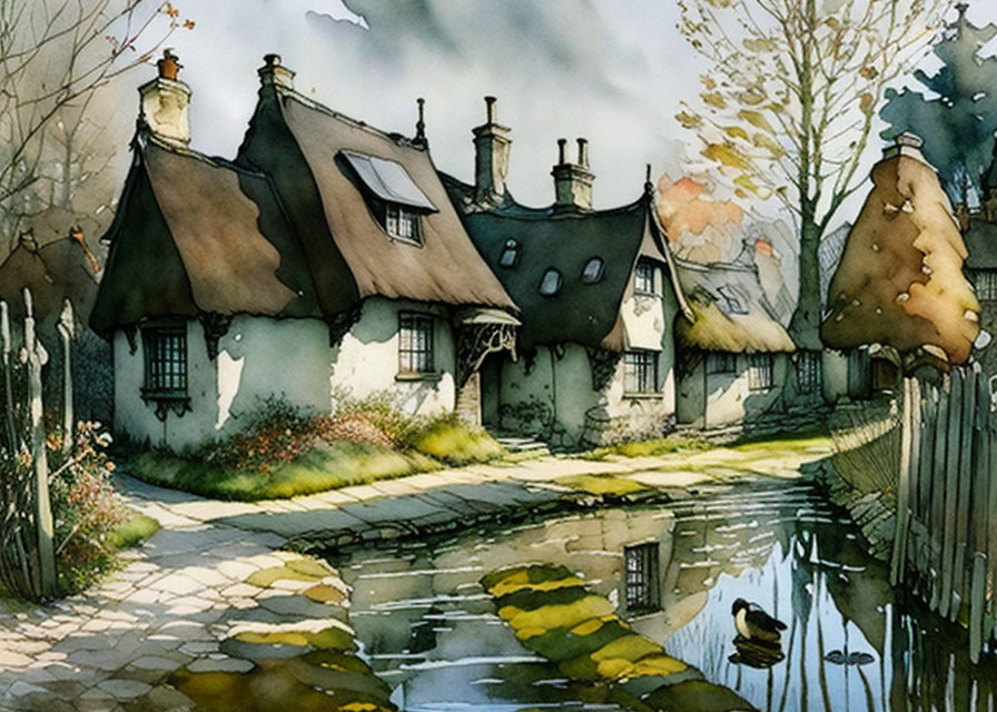 Thatched-Roof Cottages Near Reflective Waterway