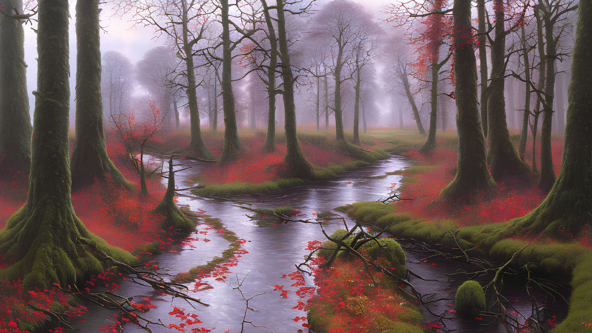 Tranquil forest stream with red foliage and misty background