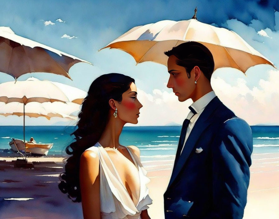 Illustrated couple under umbrella on sunny beach with boat and sea.