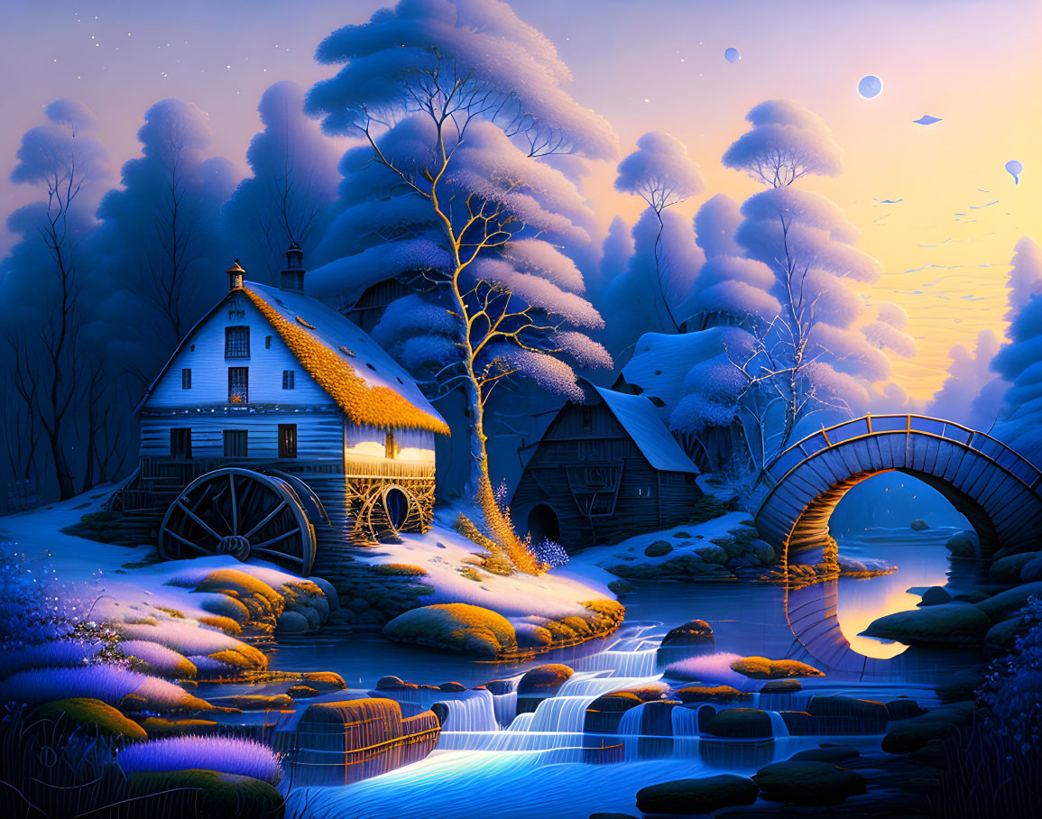 Tranquil nighttime landscape with watermill, snow-covered trees, stone bridge, and starry sky