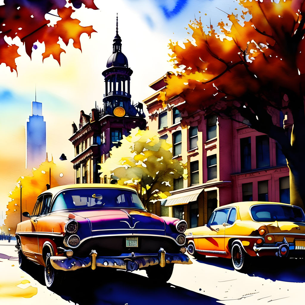 Colorful watercolor painting of vintage cars in cityscape with autumn leaves and historic architecture.