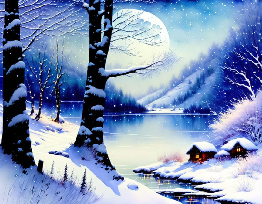 Snow-covered trees, full moon, cozy cabins, frozen lake - Winter Night Scene