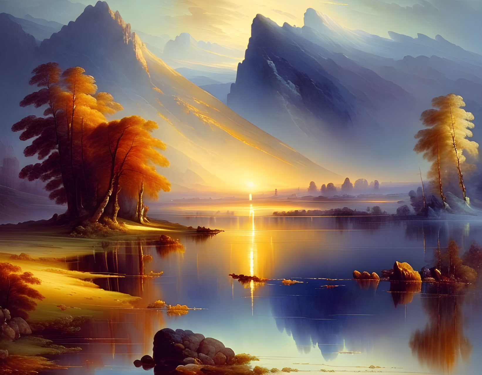 Tranquil sunset scene: lake, mountains, autumn trees, glowing sky