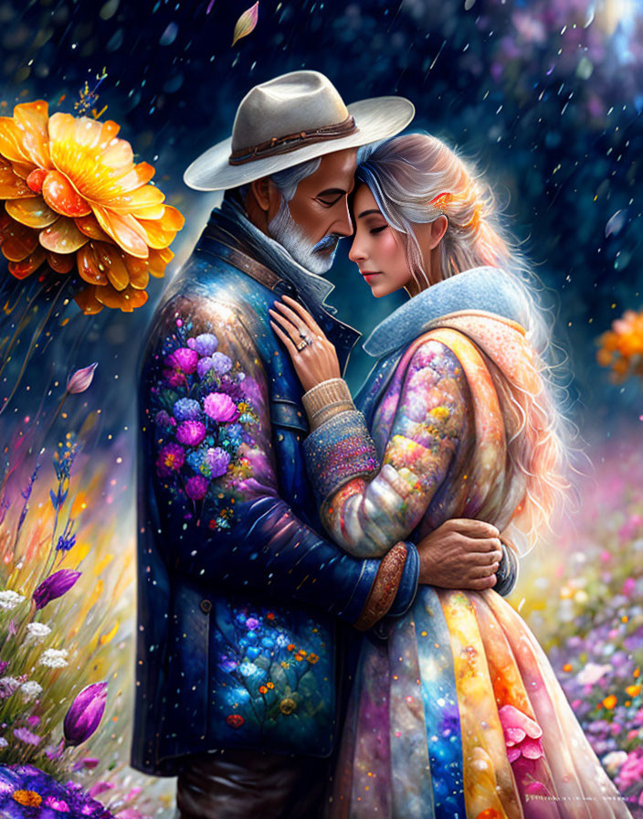 Illustrated couple embraces in colorful star outfits under gentle rain