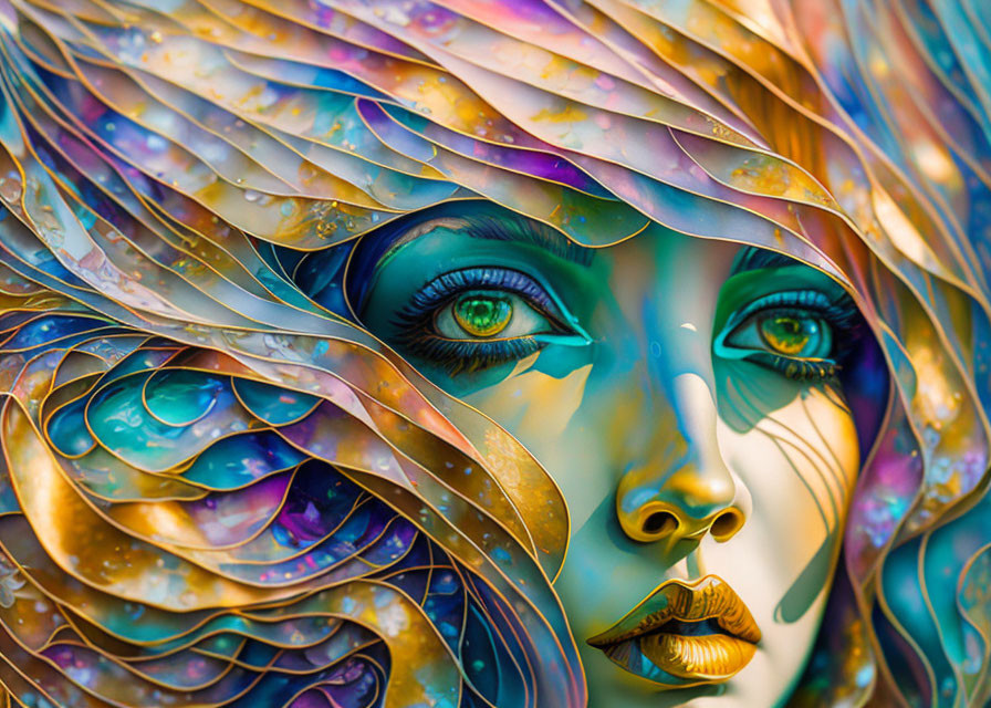 Colorful digital artwork: Woman's face close-up with wavy hair