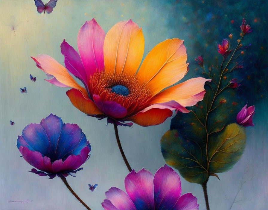 Colorful floral painting with butterflies on dreamy background