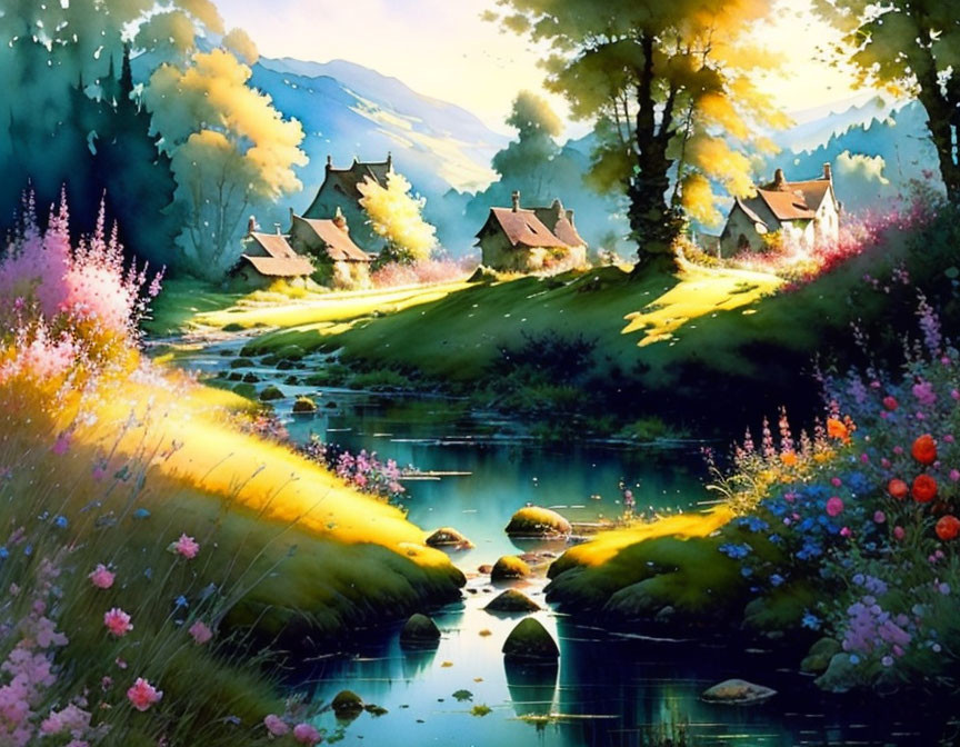 Tranquil landscape with vibrant flowers, serene river, lush greenery, and quaint cottages