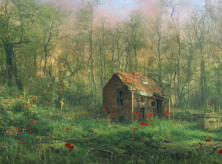 Rustic wooden cabin in dense woodland with mist and wildflowers