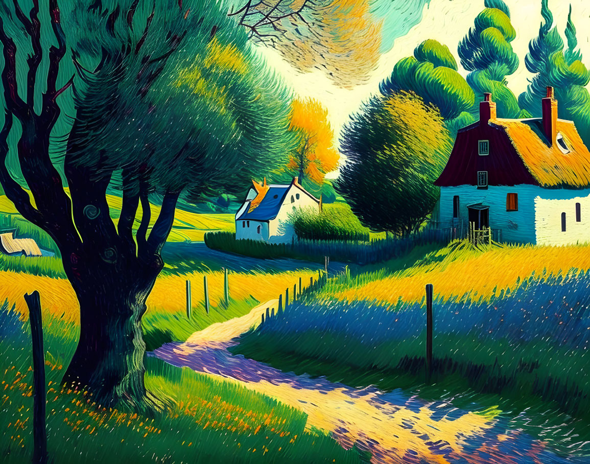 Colorful rural landscape painting with swirling trees, cottages, and golden field.