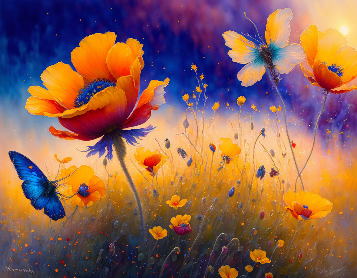 Colorful wildflowers and butterflies in starry sky setting