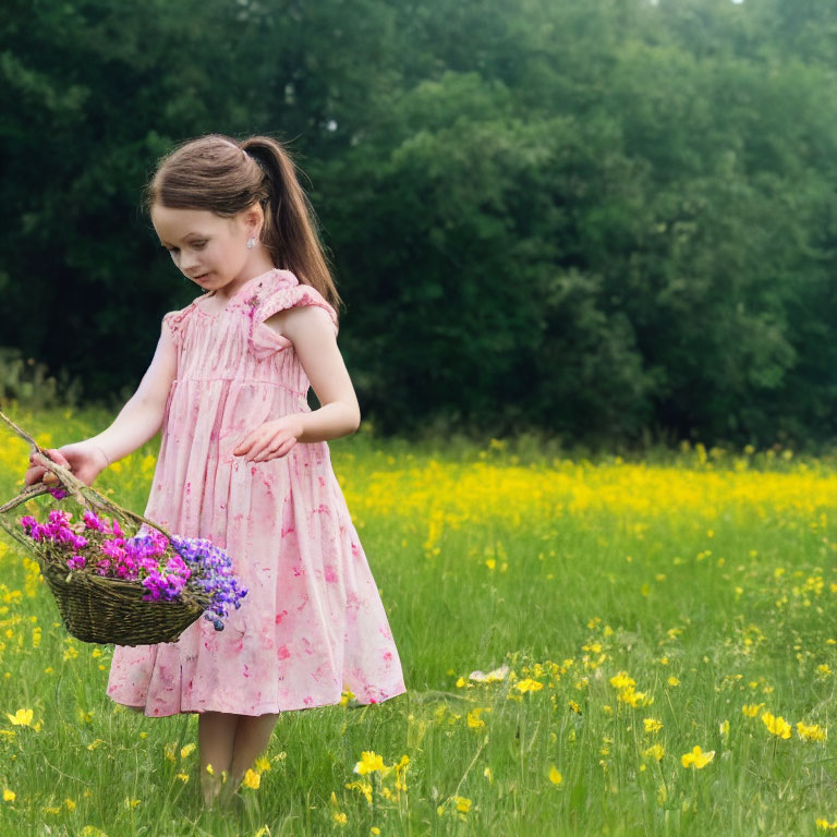 Young girl in pink dress with flower basket in sunny meadow.