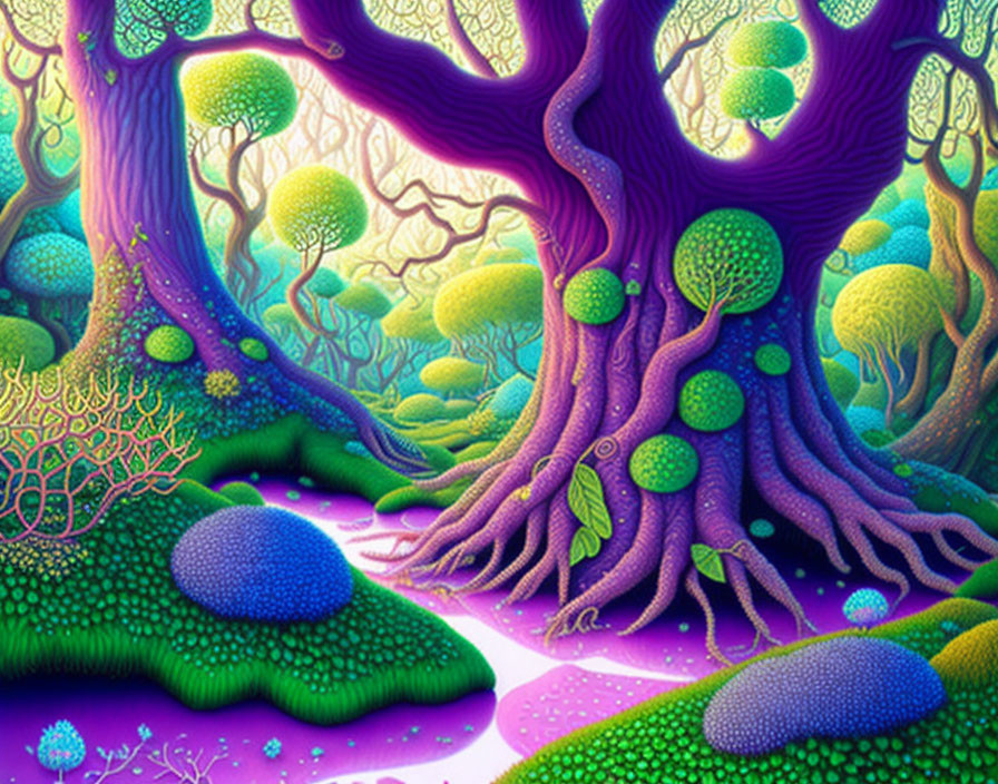 Colorful whimsical forest with neon trees and lush vegetation