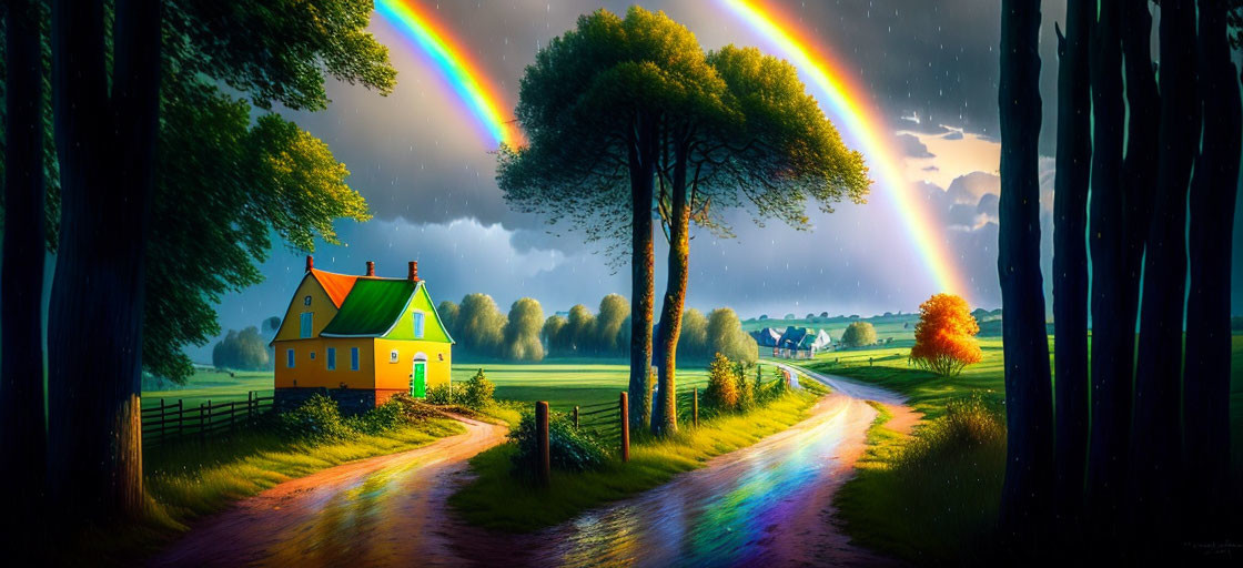 Colorful digital artwork: Cottage under double rainbow, tree-lined path, green fields, dark trees,