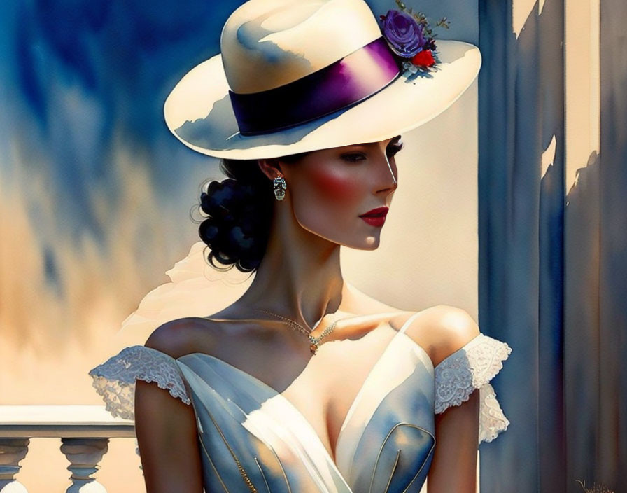 Stylish woman in wide-brimmed hat and off-the-shoulder dress under warm sunlight