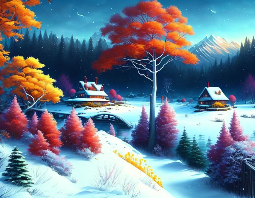 Colorful snowy landscape at dusk with cozy cottage & mountains