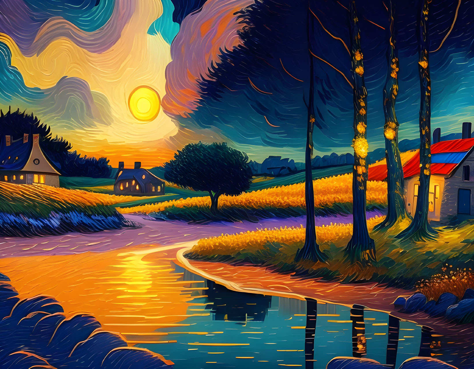 Vibrant rural landscape illustration with swirling skies and reflective river