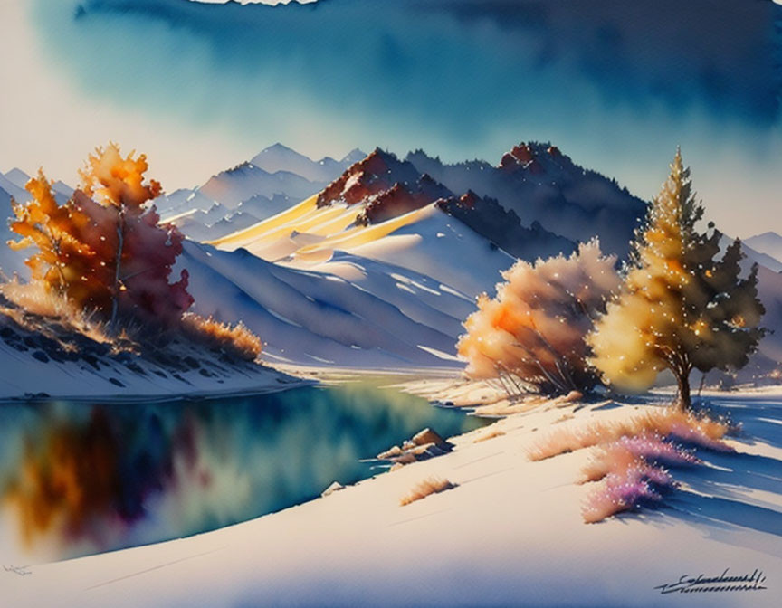 Vibrant winter landscape with autumn trees, snowy mountains, and calm river