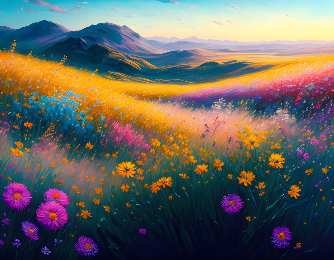 Colorful Wildflower Field Painting with Mountains & Blue Sky