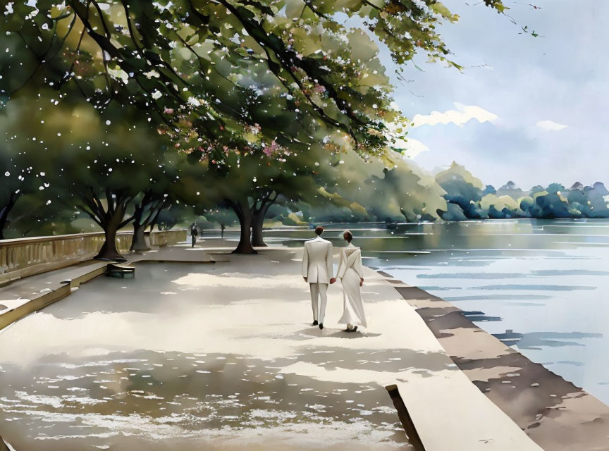 Couple walking by lake on tree-lined path with floating petals