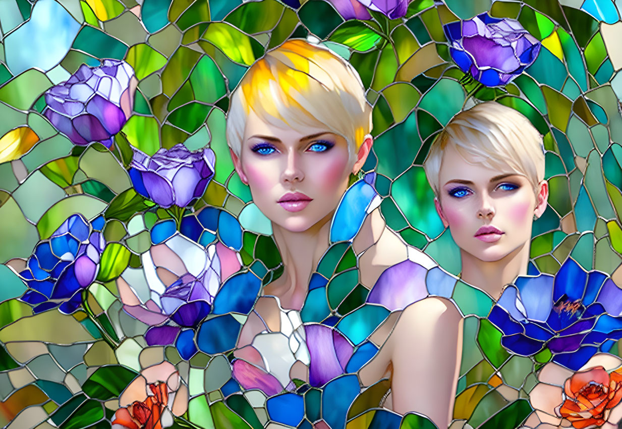 Stylized female figures against vibrant floral mosaic background