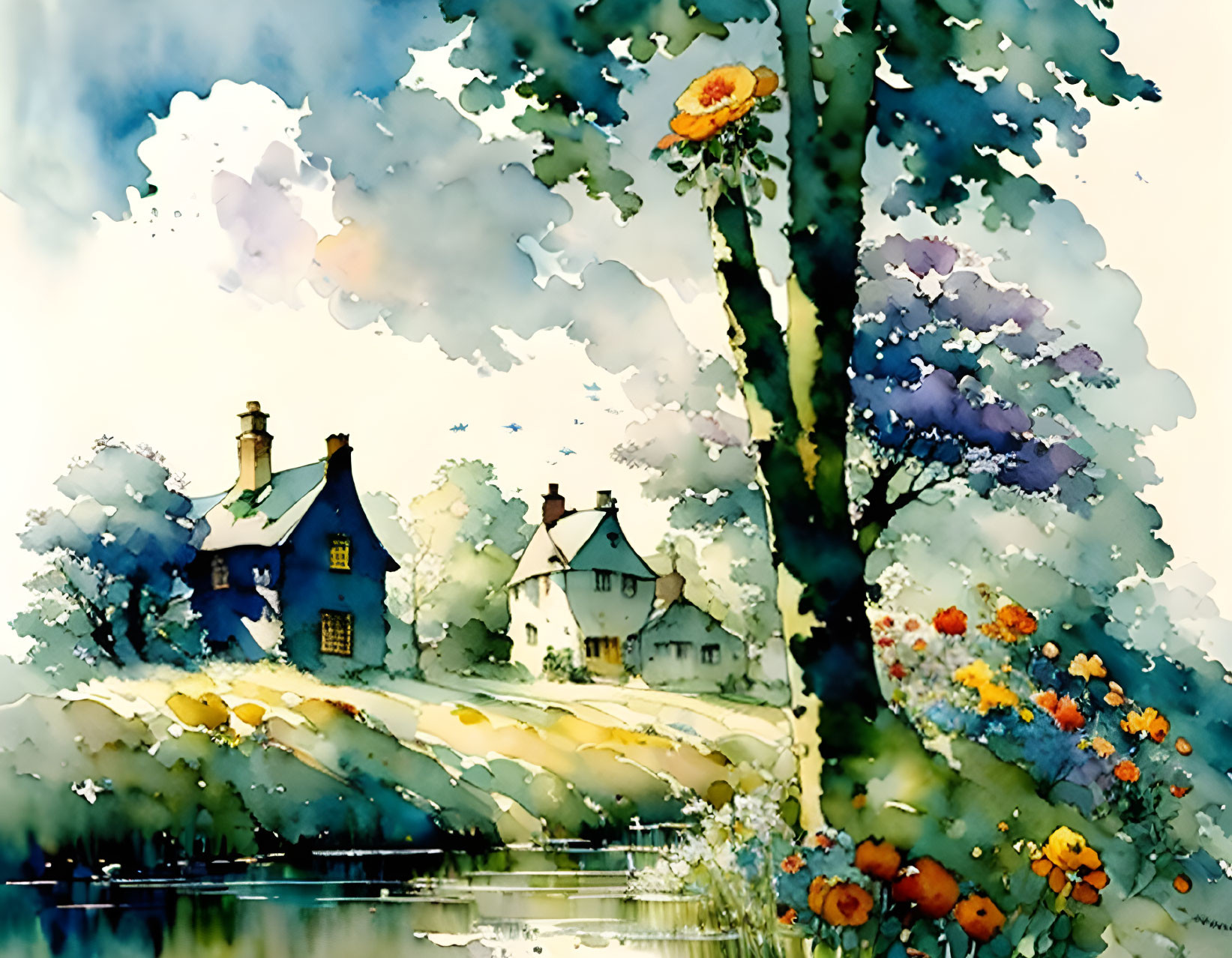 Serene landscape watercolor painting with flowers, trees, houses, river, and cloudy sky