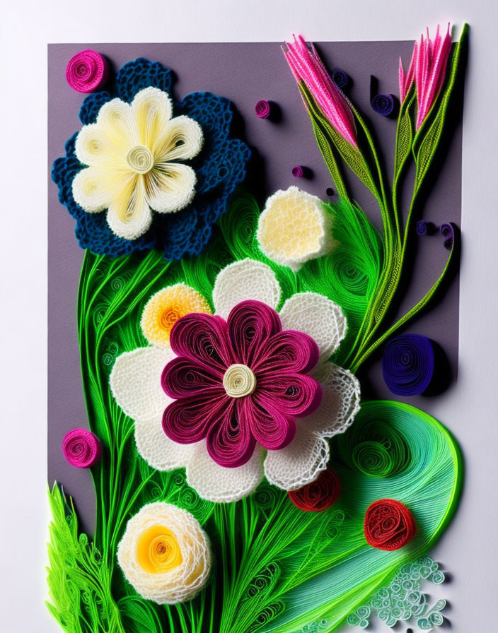 Colorful Paper Quilling Artwork of Flowers and Foliage on Gray Background